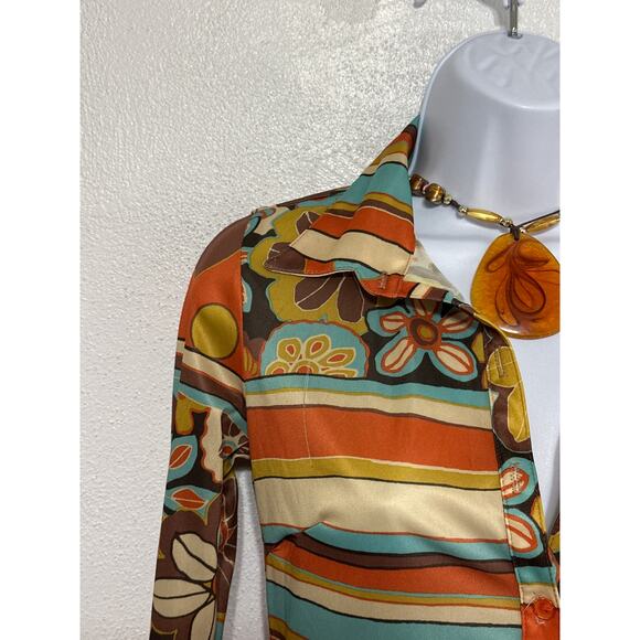 VTG 90s Does 70s daModa Boho Hippie Stripe Floral Shirt Dress S Brown Crunchy - Picture 4 of 14